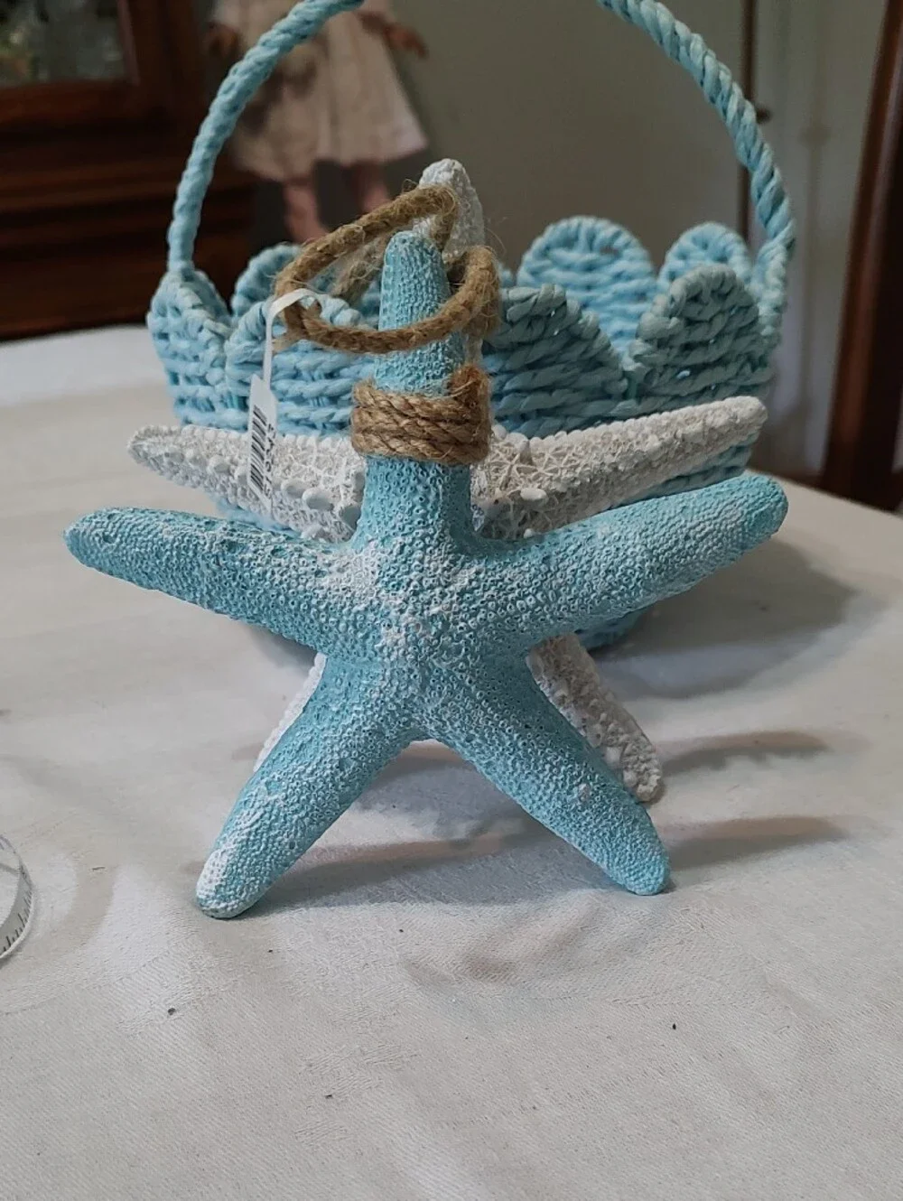 Coastal Woven Basket with Handle - Light Blue And Two Starfish